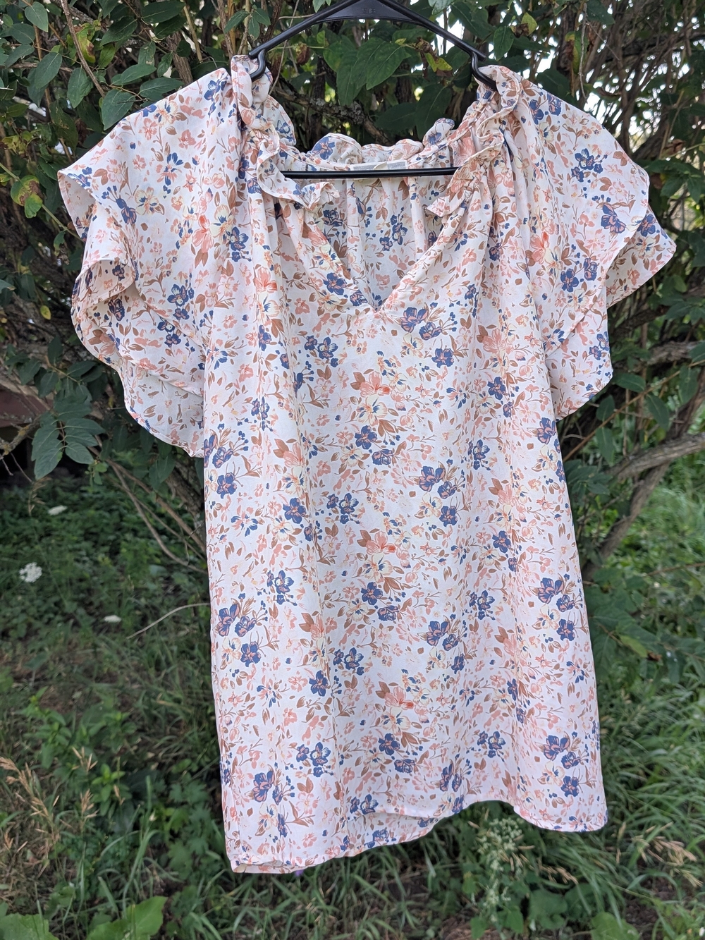 Pleione Peach and Blue Floral Ruffle V-Neck Blouse
